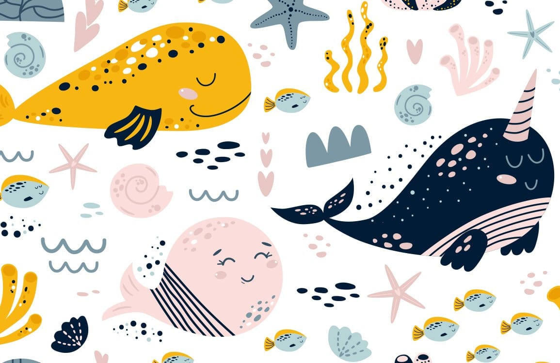Underwater Adventure Whales and Narwhals Themed Kids' Mural Wallpaper Delight