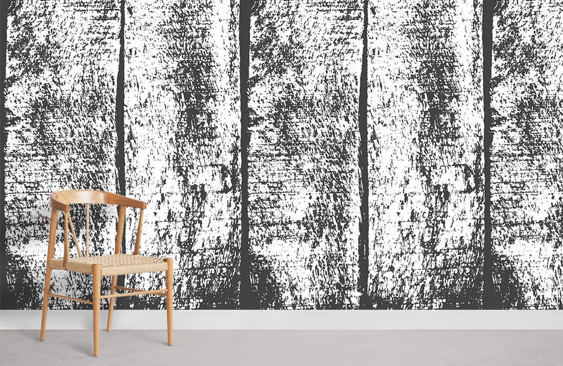 Rustic black and white wallpaper, textured wood effect, featuring a simple wooden chair and grey flooring.