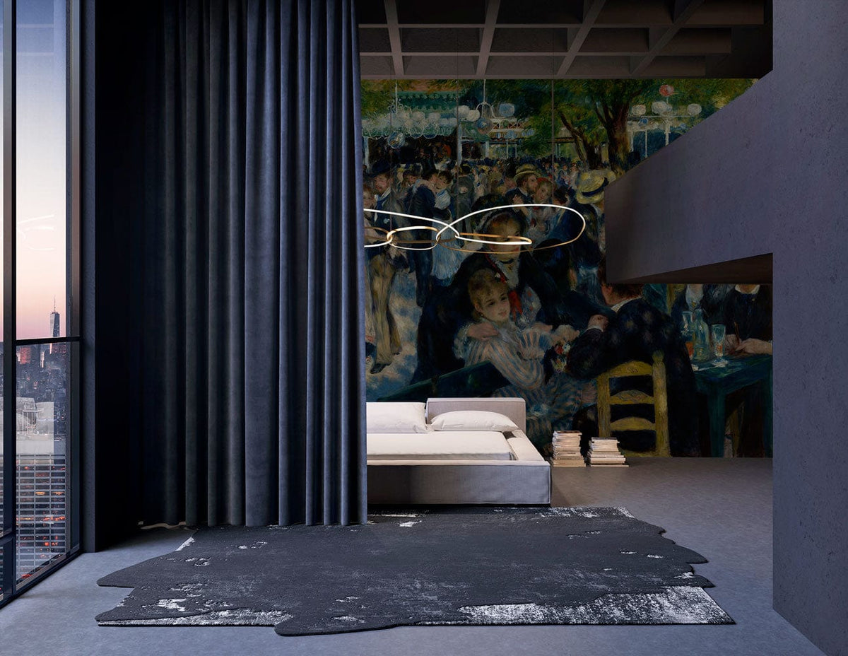 Charming Impressionist mural in vibrant colours with modern decor, black rug, and grey flooring in bedroom.