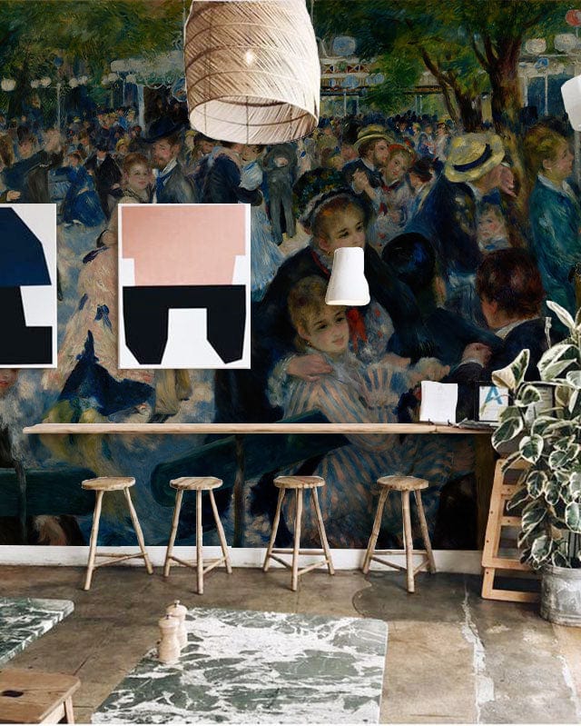 Charming Impressionist mural wallpaper in vibrant colours, wooden stools, pendant lights in modern living room.