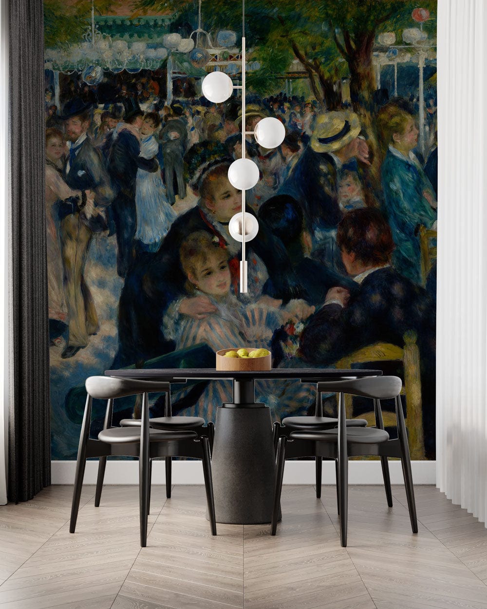 Dining room with Charming Impressionist Dance Mural, black table, modern chairs, and parquet flooring.