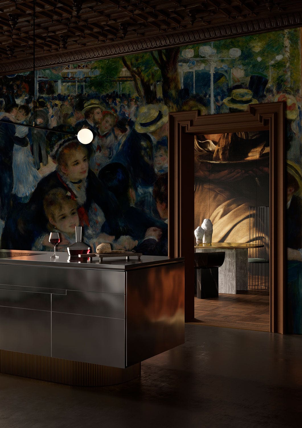 Charming Impressionist mural wallpaper in vibrant colours, stainless steel kitchen island, elegant pendant lighting.