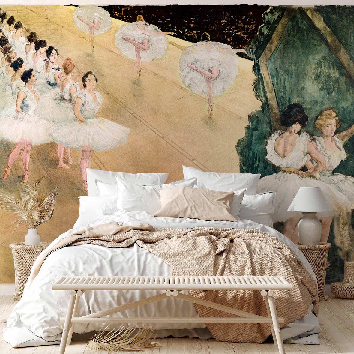 Vintage ballerina mural wallpaper in soft pastels, classic art, elegant bedroom decor, neutral bedding.