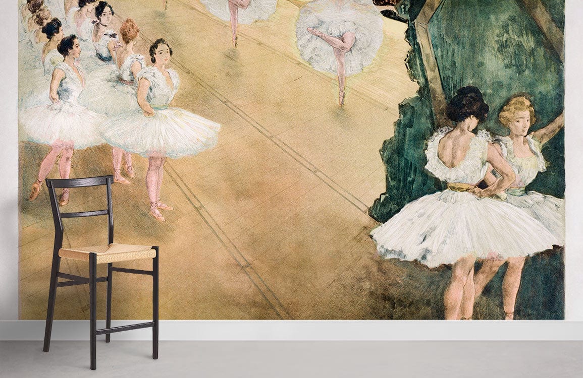 Elegant Ballerinas Vintage Mural Wallpaper displayed beside black chair, featuring classic soft pastel artwork.