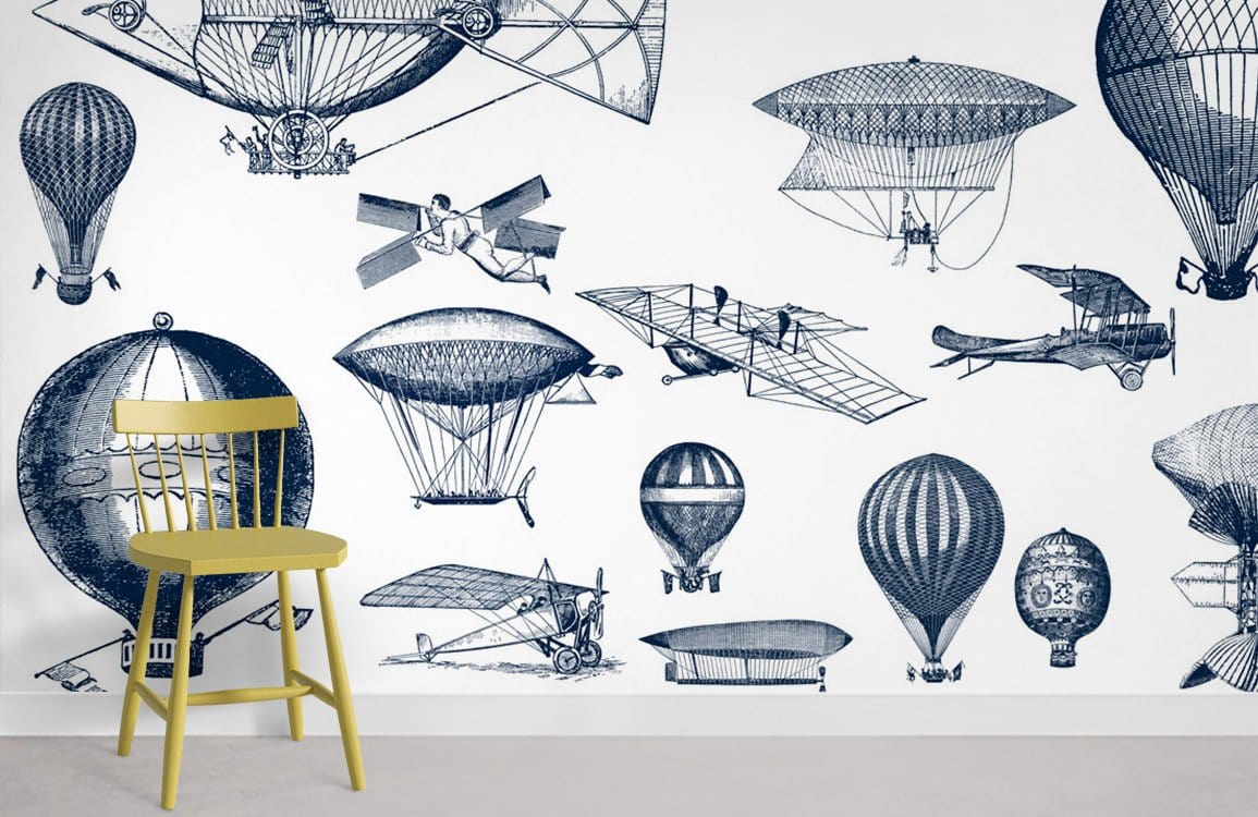 Vintage steampunk wallpaper with flying machines, yellow chair, and minimalist flooring in modern room.