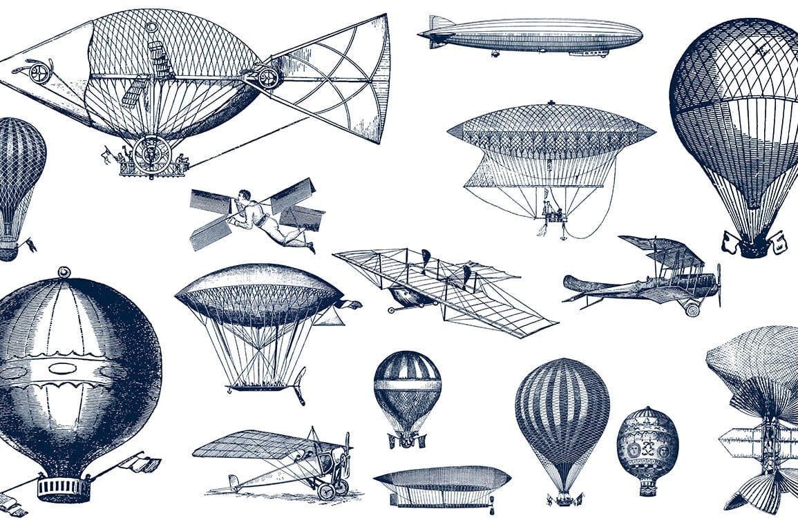 Vintage Blue Aerial Inventions Patterned Wallpaper - Steampunk Retro Aviator Design