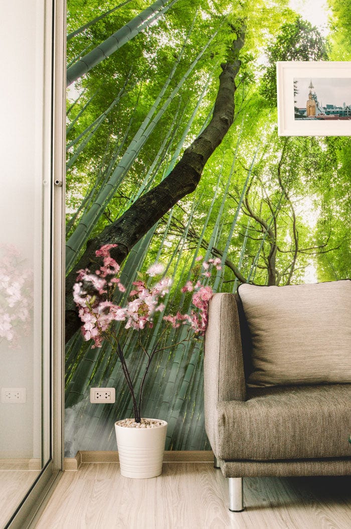 Serene Green Bamboo Forest Mural Wallpaper, nature-inspired decor, grey sofa, light wood flooring, wall art.