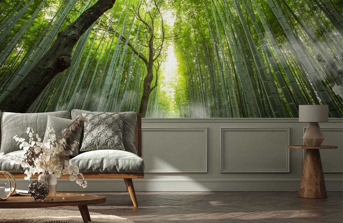Serene Green Bamboo Forest Wallpaper in elegant lounge; grey sofa, wooden floor, stylish table, lamp.