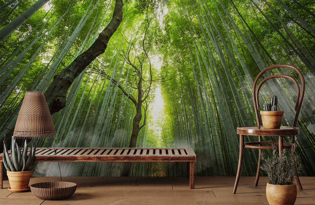 Serene Green Bamboo Forest Mural Wallpaper in room with wooden bench, chair, complementing nature-inspired decor.