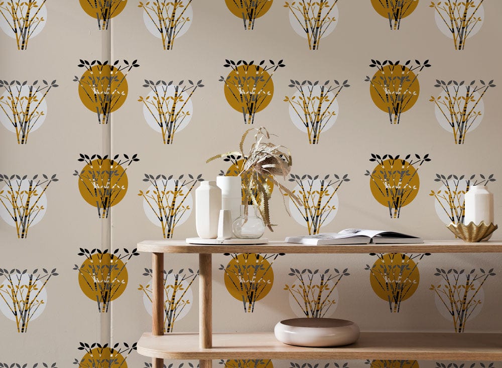 Vintage golden floral motif wallpaper in beige botanical design, elegant wooden side table decor.
