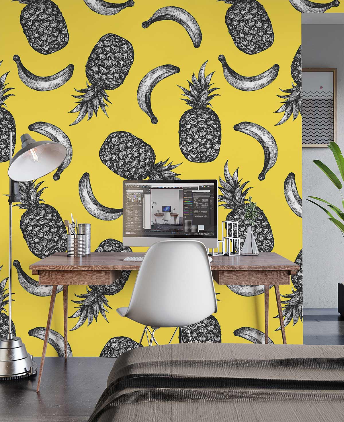 Vibrant pineapple banana mural wallpaper with modern desk, white chair, grey floor, office setup, stylish decor.