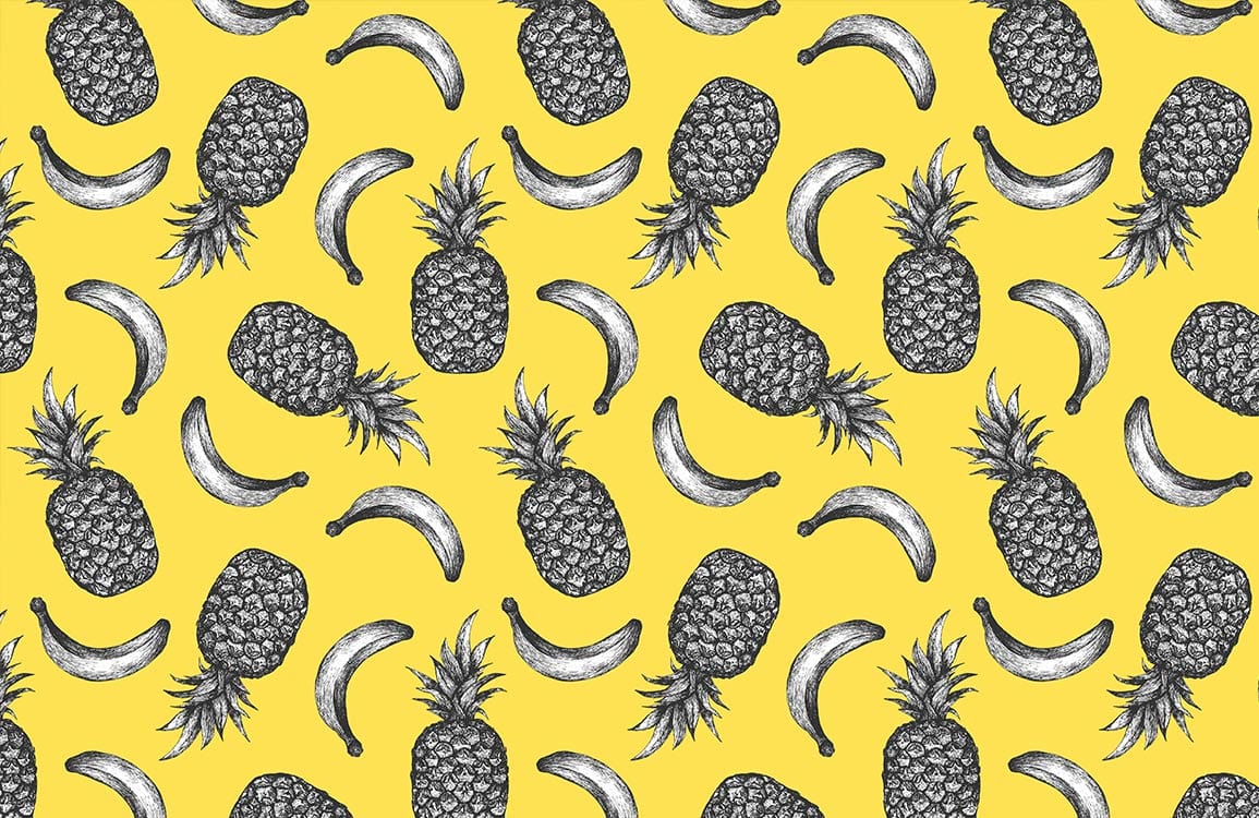 Vibrant Yellow Pineapple Banana Tropical Pattern Mural Wallpaper Design