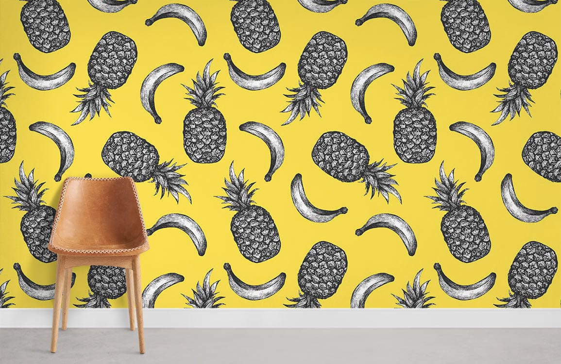 Vibrant tropical pattern wallpaper with bananas, pineapples; rustic brown chair; modern living room decor.