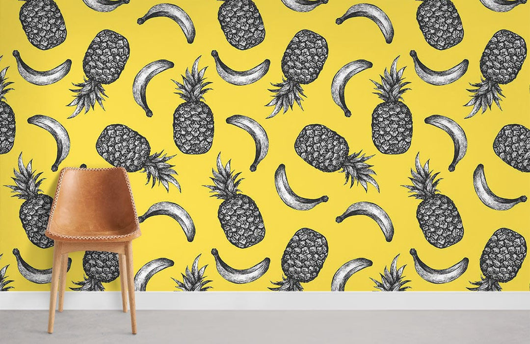 Vibrant tropical pattern wallpaper with bananas, pineapples; rustic brown chair; modern living room decor.