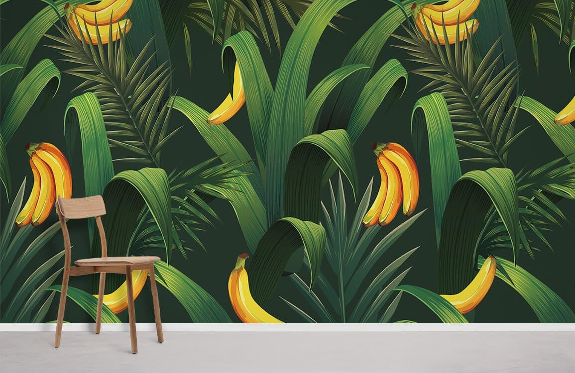 Tropical Banana Leaf Botanical Wallpaper with chair, lush green and yellow design for vibrant decor.