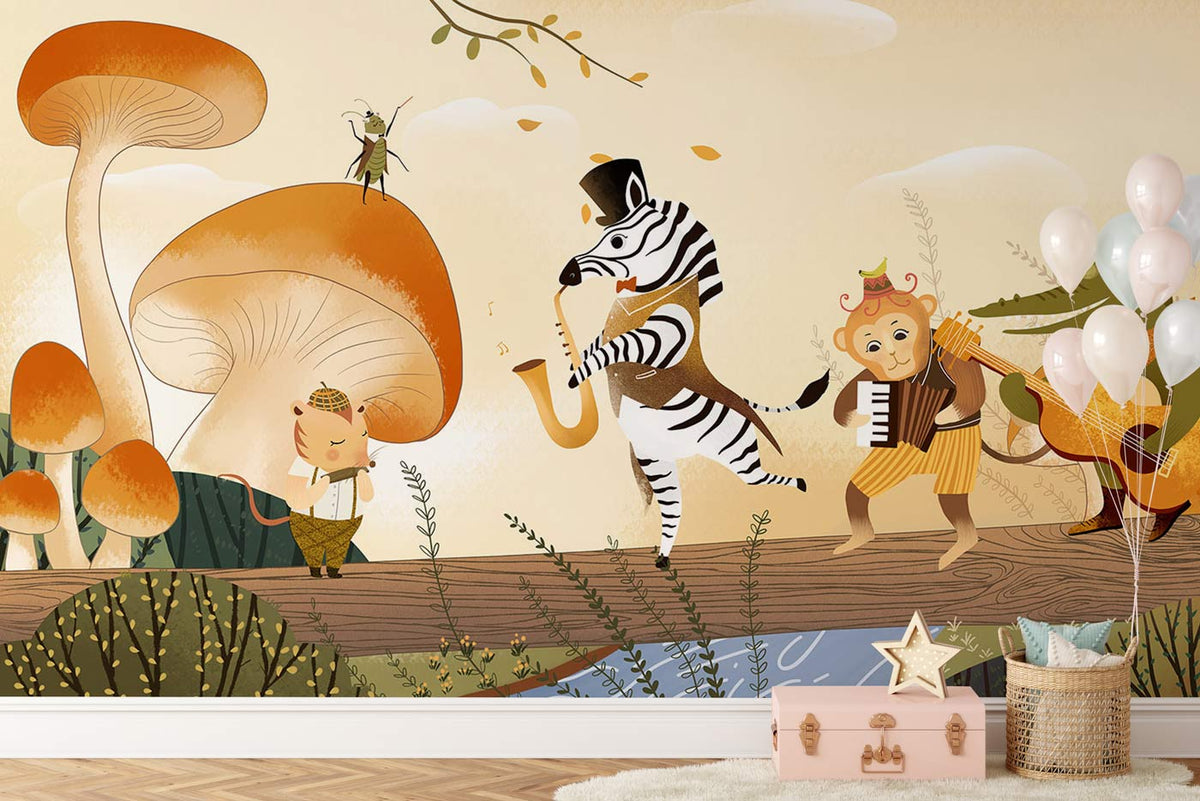 Whimsical Woodland Parade wallpaper with animal musicians, soft tones, wooden flooring, children's room.