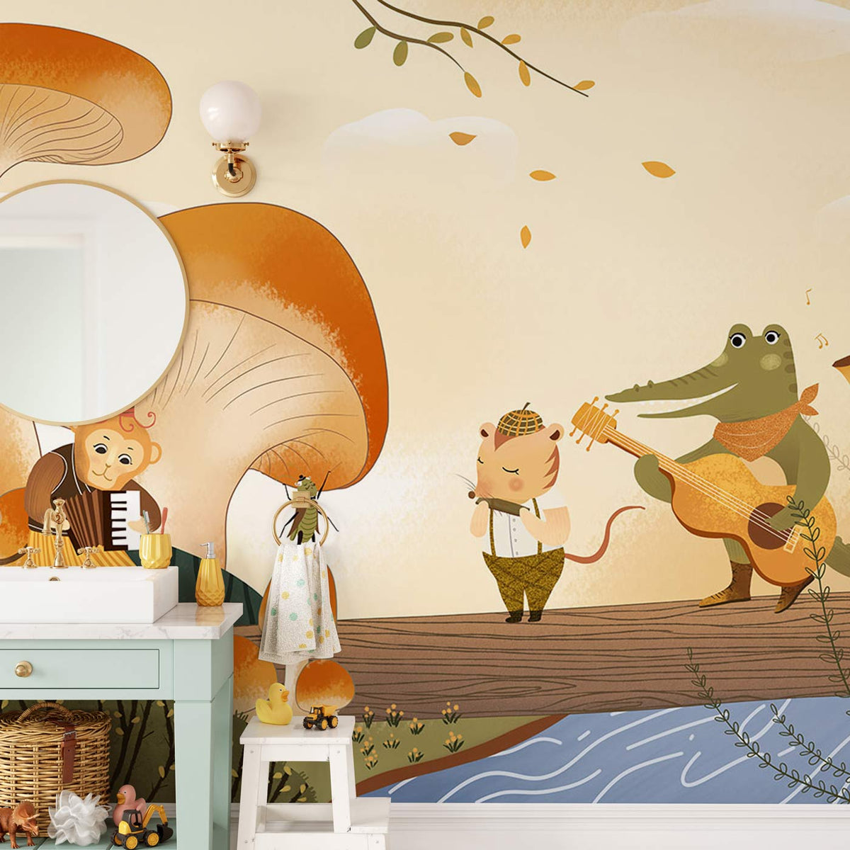 Whimsical Forest Animal Band Mural Wallpaper in warm tones with light green dresser and round mirror.