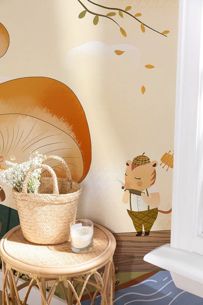 Whimsical forest animal mural wallpaper in warm autumn tones with wicker side table in cosy room.