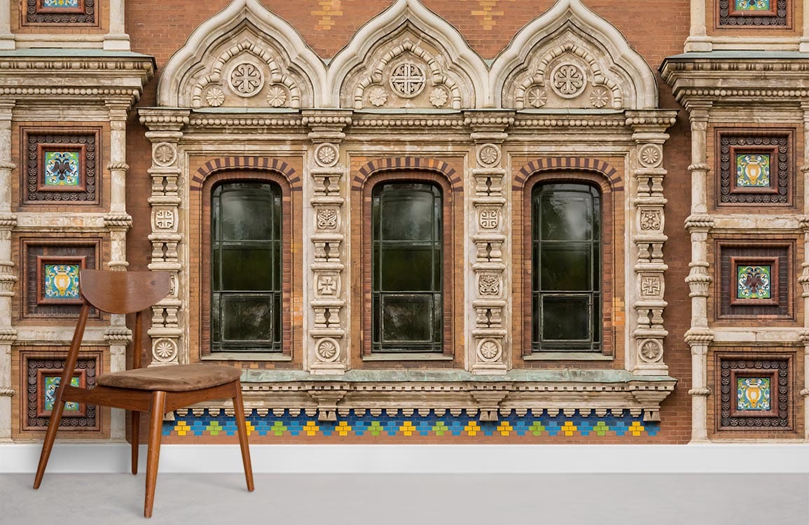 Vintage wall mural featuring historic brick and stone architecture with elegant detailing, wooden chair, grey flooring.