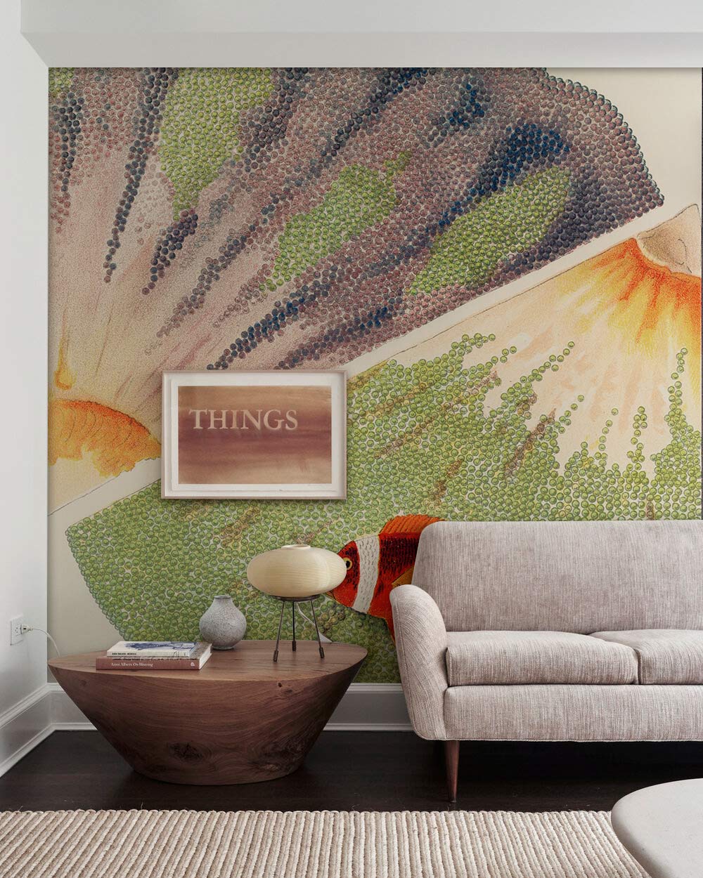 Colourful Clownfish Ocean Mural Wallpaper in living room with beige sofa and wooden coffee table.