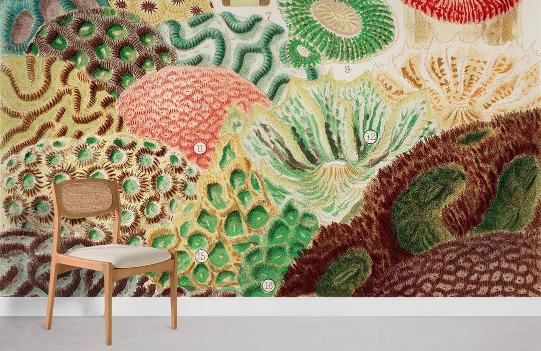 Vintage Coral Reef Botanical Mural Wallpaper with wooden chair on light grey floor in living room.