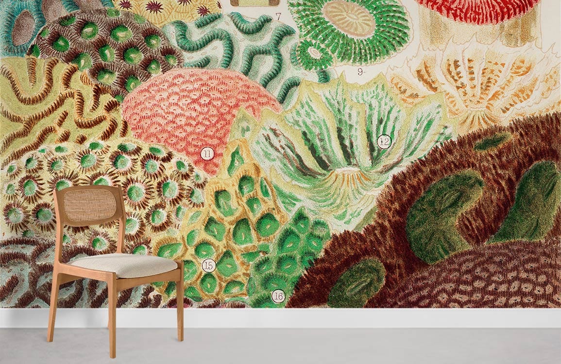 Vintage Coral Reef Botanical Mural Wallpaper with wooden chair on light grey floor in living room.