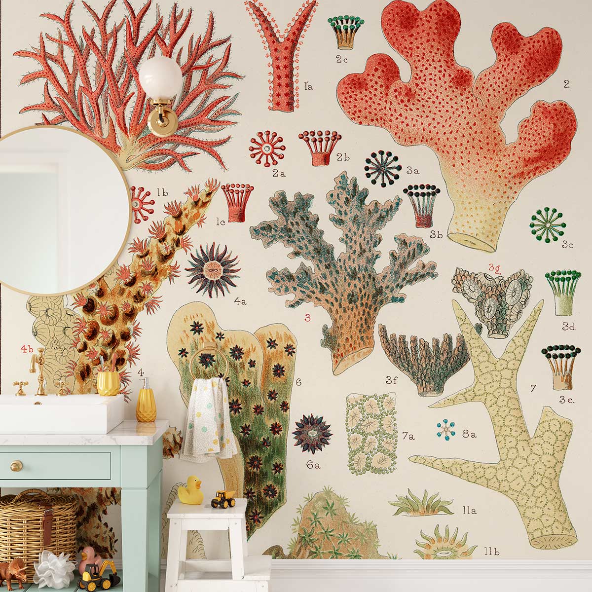 Vintage Coral Botanical Mural Wallpaper in elegant antique style with teal dresser, round mirror.