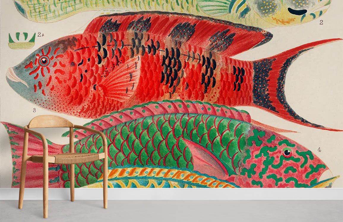 Vibrant tropical fish wallpaper, wooden chair, grey flooring, colourful aquatic mural, home decor.