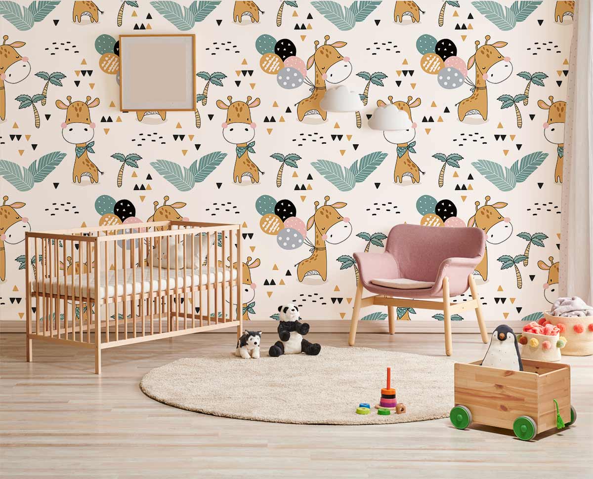 Adorable giraffe safari wallpaper, pastel nursery, wooden crib, pink chair, plush toys, light wood floor.