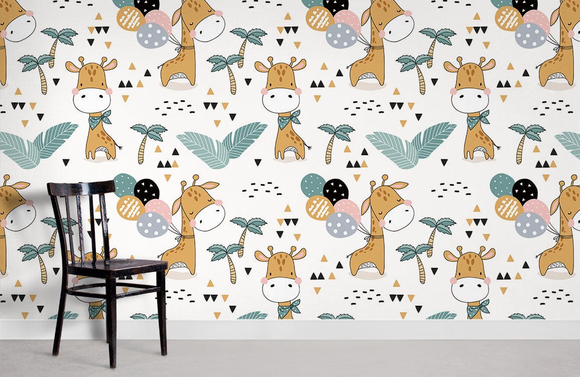Adorable giraffe safari wallpaper in pastel; kids' room with black chair, light flooring.