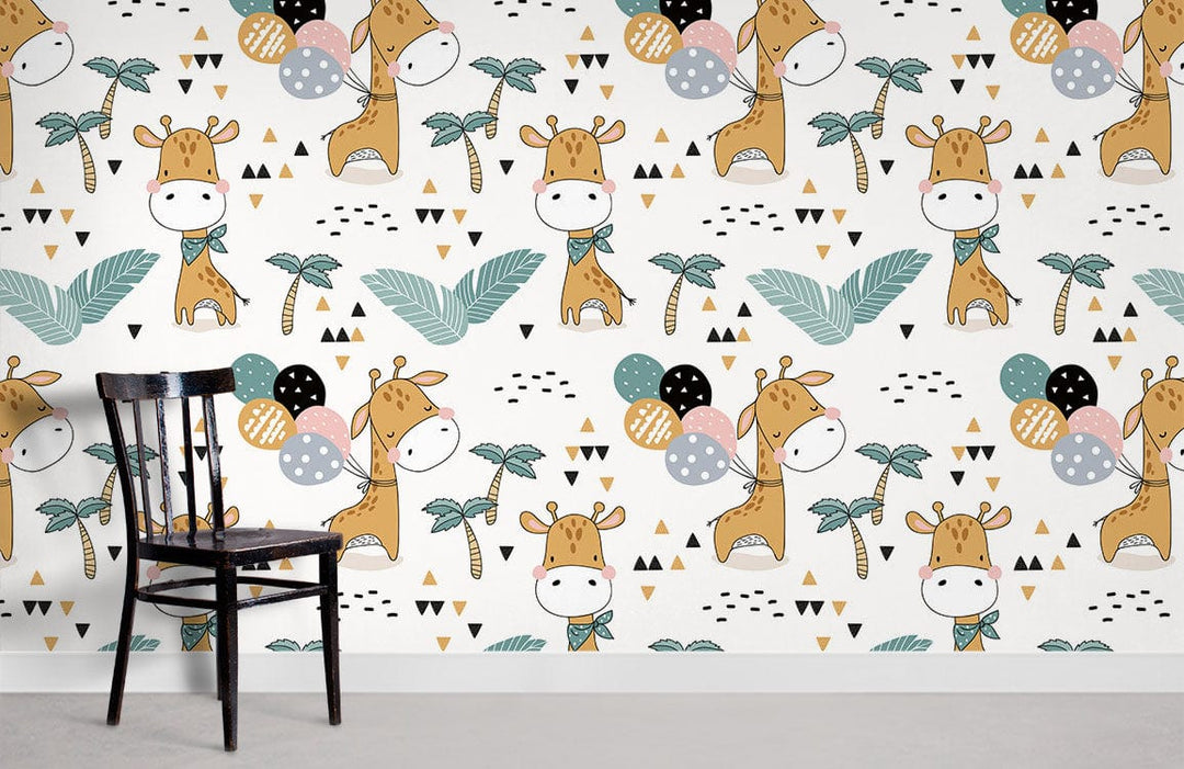 Adorable giraffe safari wallpaper in pastel; kids' room with black chair, light flooring.