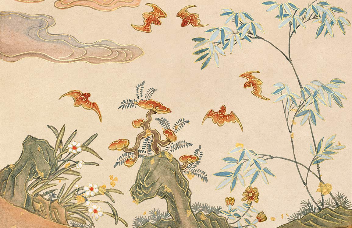 Oriental Nature Scene Mural Wallpaper with Bamboo and Flying Birds Motif