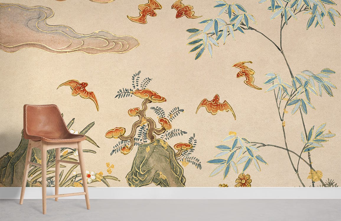 Oriental nature mural wallpaper featuring bamboo, flying birds, light wall, leather chair, grey floor.