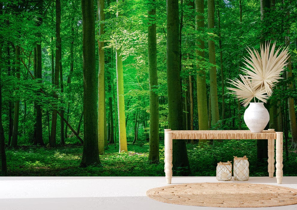 Enchanted Green Woodland Forest Mural Wallpaper, serene interior, white minimalist table, round rug.