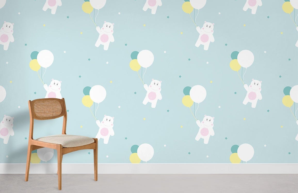Whimsical Pastel Bears and Balloons Kids' Wallpaper with Wooden Chair on Light Floor in Playroom.