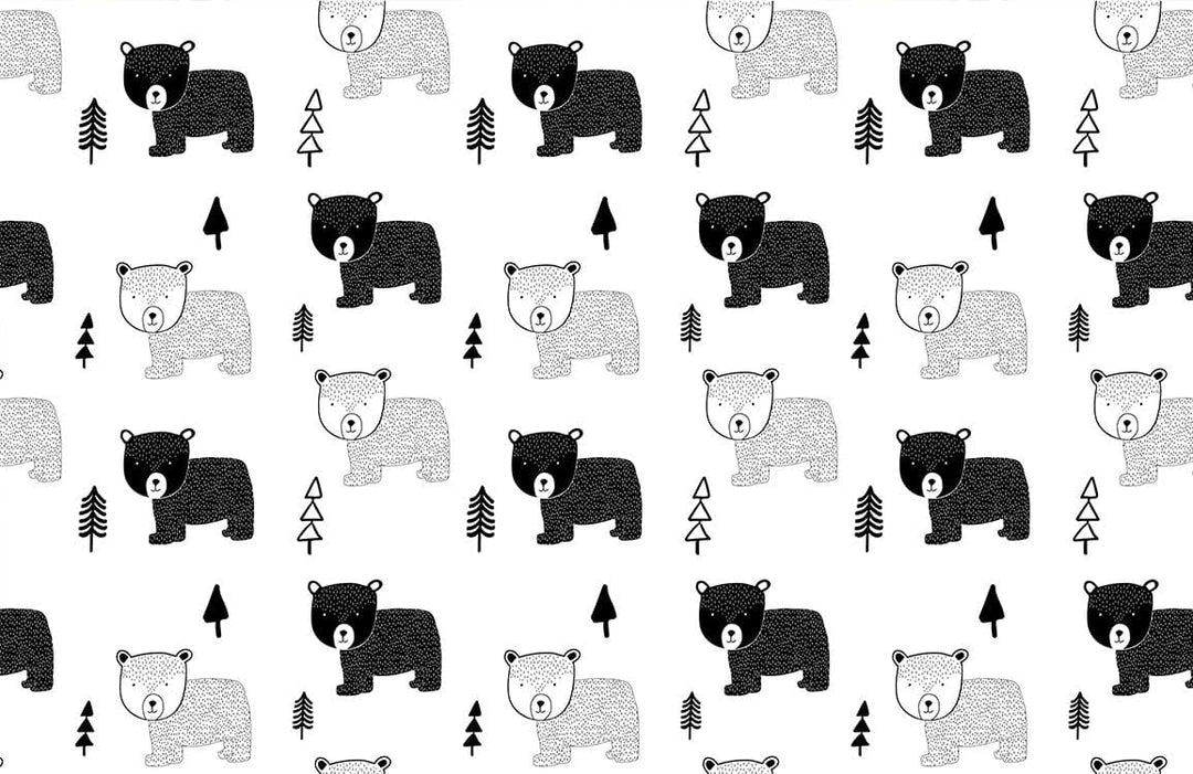 Monochrome Bear and Tree Patterned Wallpaper for Kids' Rooms Decor.