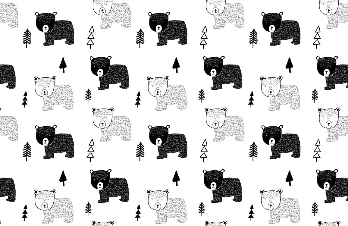 Monochrome Bear and Tree Patterned Wallpaper for Kids' Rooms Decor.