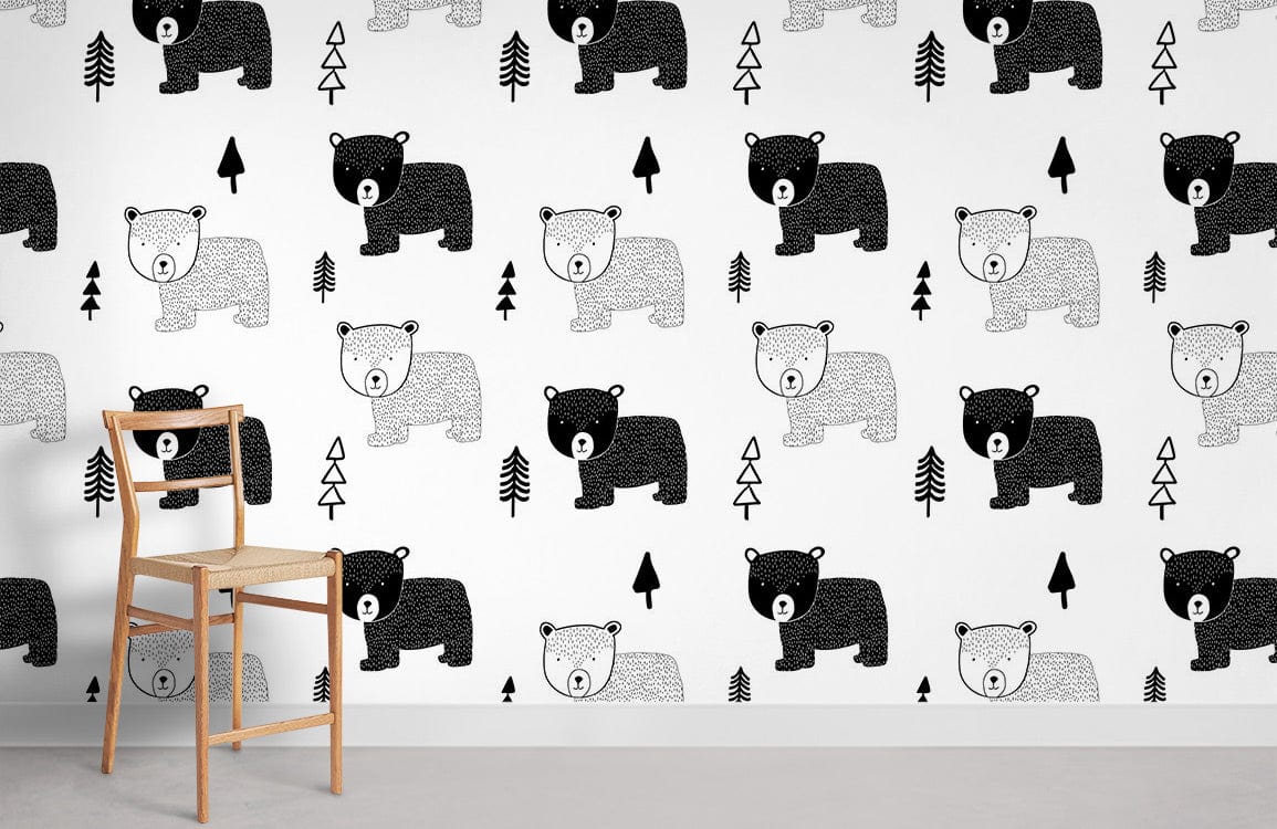 Monochrome bear and tree wallpaper in kids' room with wooden chair and grey flooring.