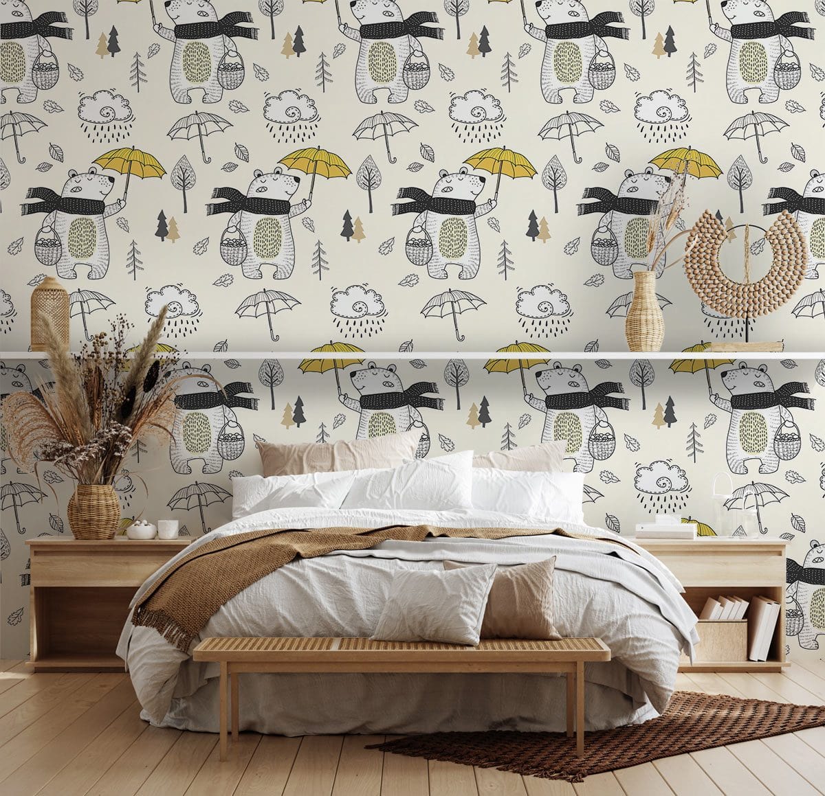 Whimsical Bear Yellow Umbrella Kids Wallpaper, wooden bed, neutral decor, light wood flooring, bedroom setting.