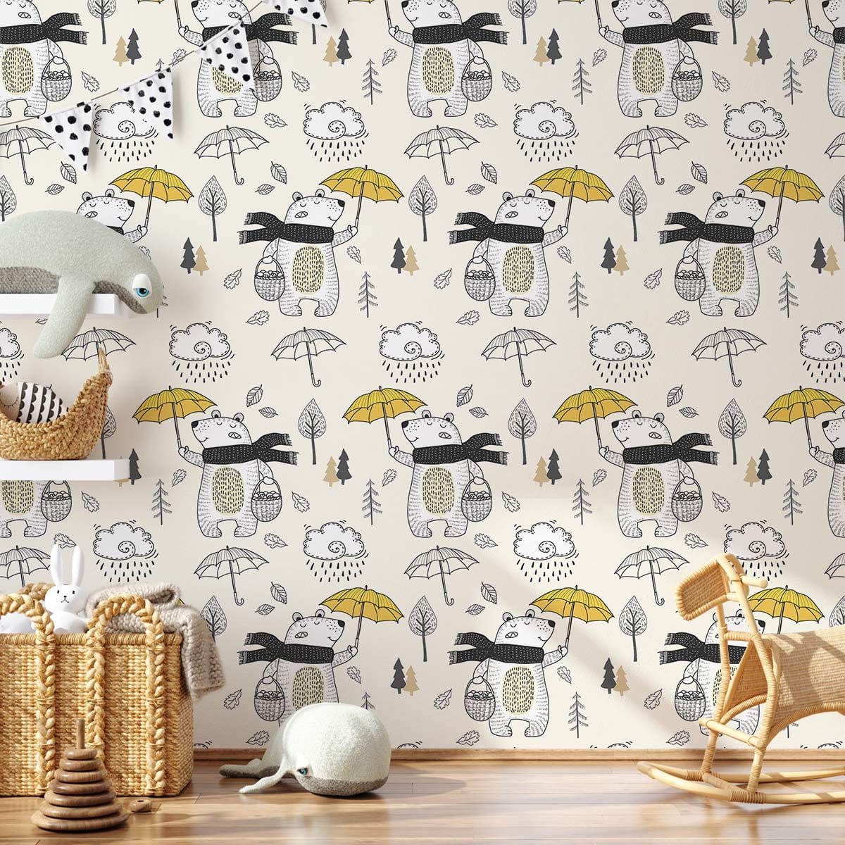 Whimsical Bear Kids Wallpaper with Yellow Umbrellas, wooden rocking chair, and natural woven baskets.