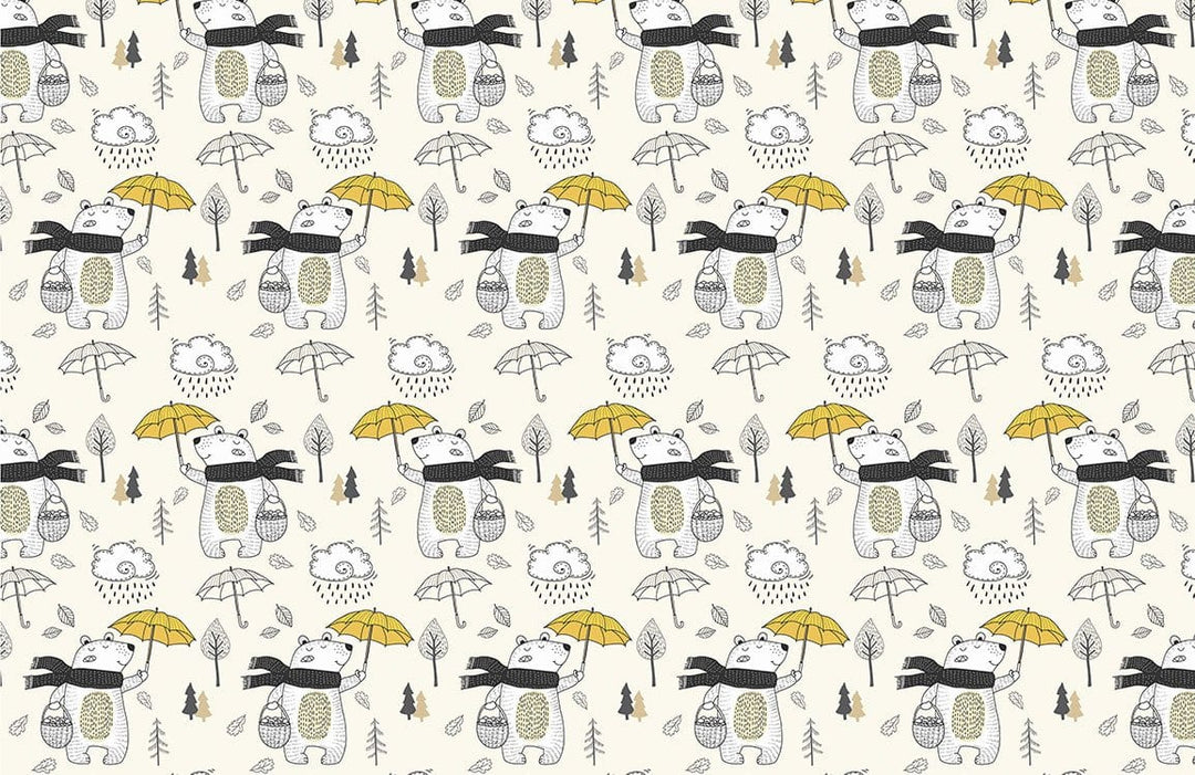 Whimsical Bear Rainy Day Yellow Umbrella Kids Patterned Wallpaper