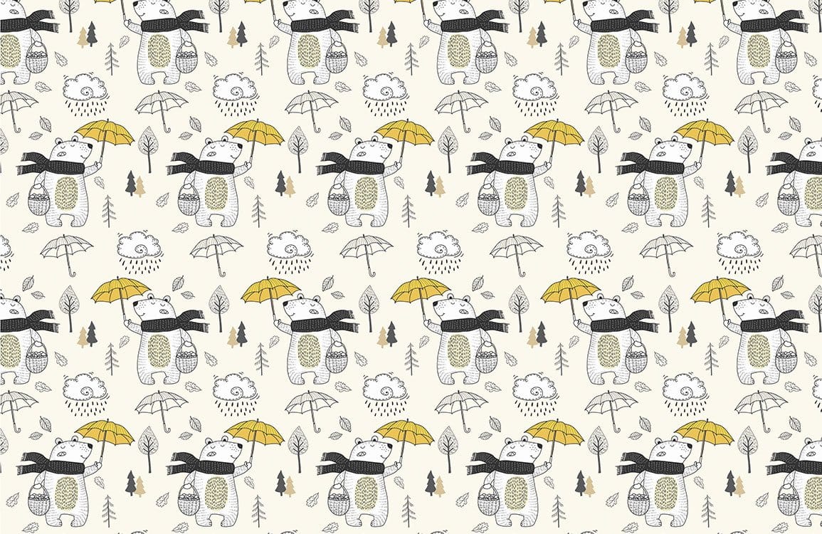 Whimsical Bear Rainy Day Yellow Umbrella Kids Patterned Wallpaper