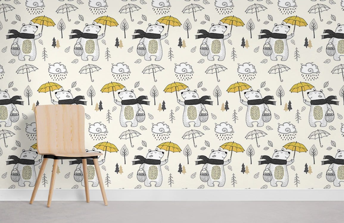Whimsical bear wallpaper features yellow umbrellas, chairs on grey flooring, ideal for fun children's rooms.