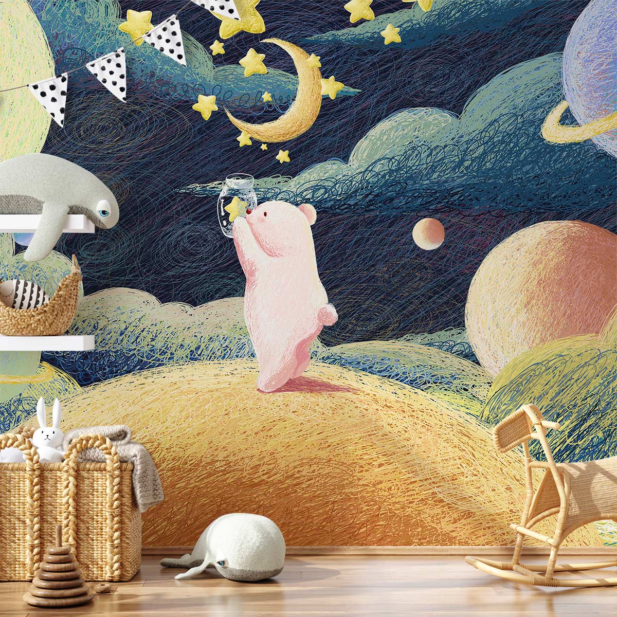 Whimsical Cosmic Bear pastel mural, nursery setting with wicker basket, wooden flooring, playful decor.