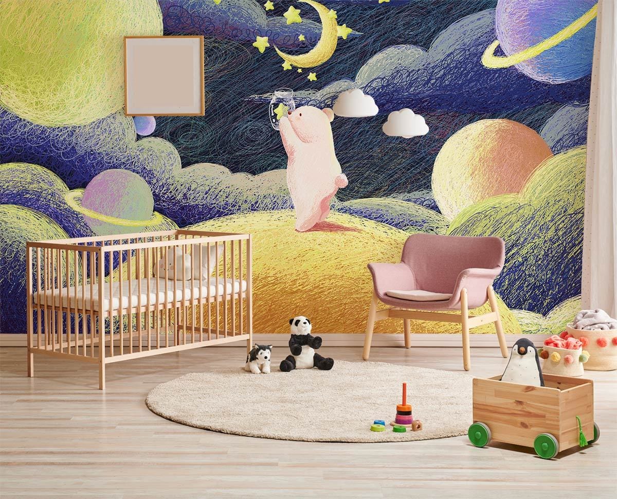 Children's room with whimsical pastel bear mural wallpaper, wooden cot, pink chair, round rug, toys.