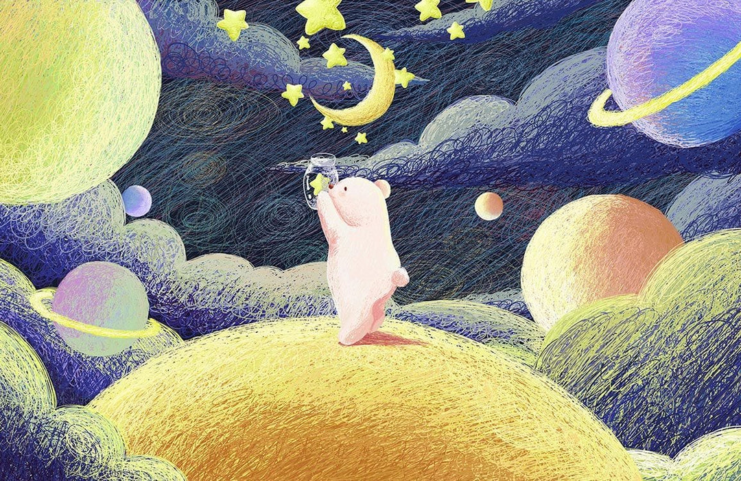 Whimsical Pastel Space Bear Mural Wallpaper for Children's Room Decor