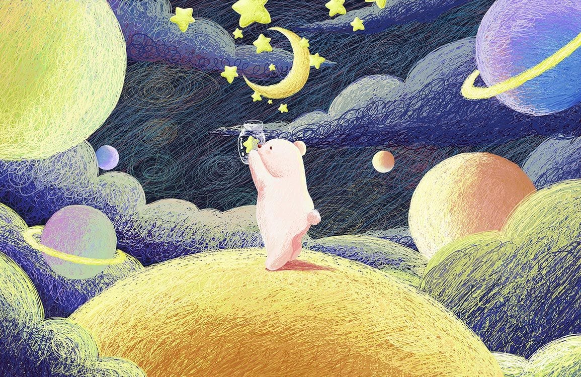 Whimsical Pastel Space Bear Mural Wallpaper for Children's Room Decor