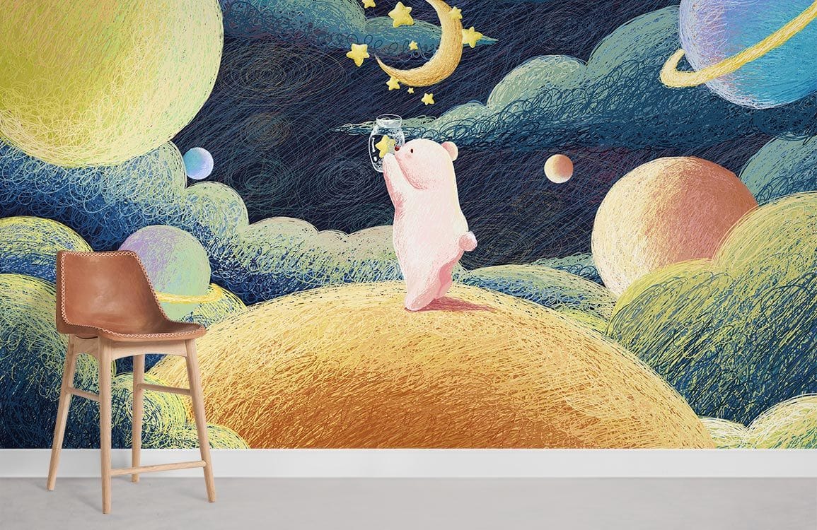 Whimsical Cosmic Bear mural wallpaper with cosmic theme, pastel colours, and brown wooden chair in nursery.