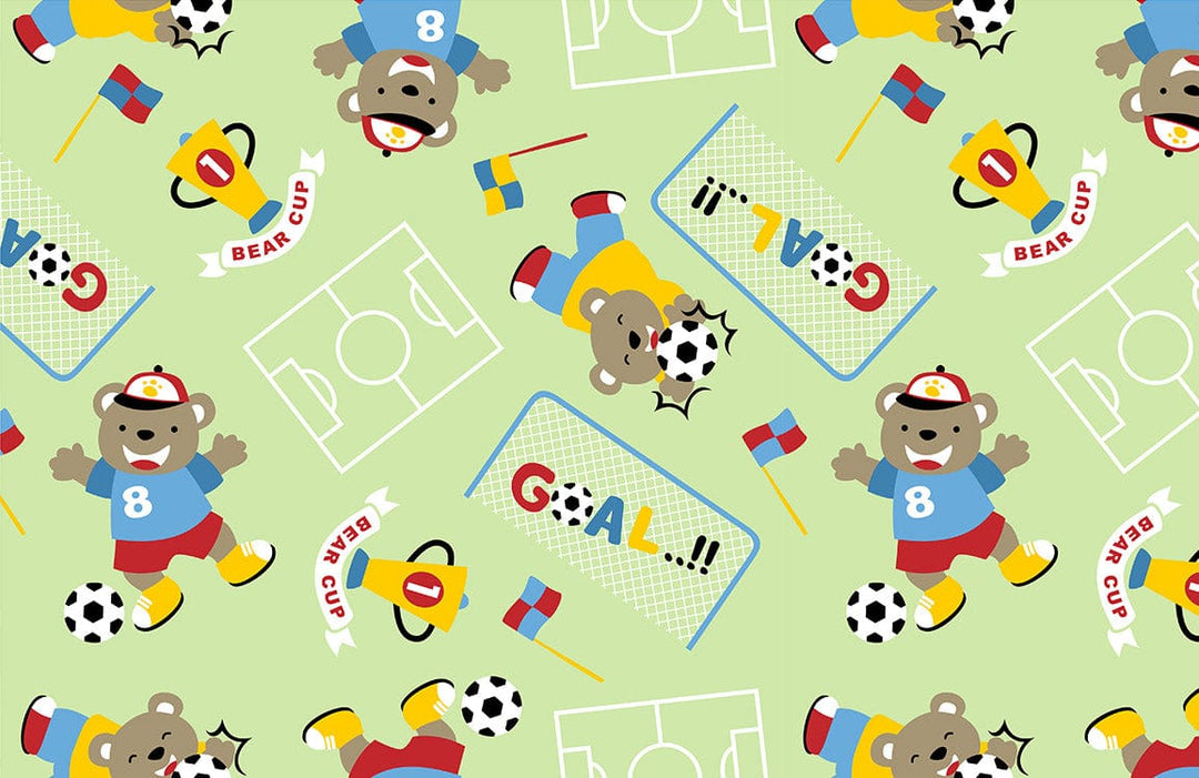 Playful Bear Football Pattern Wallpaper for Kids' Rooms - Green Background