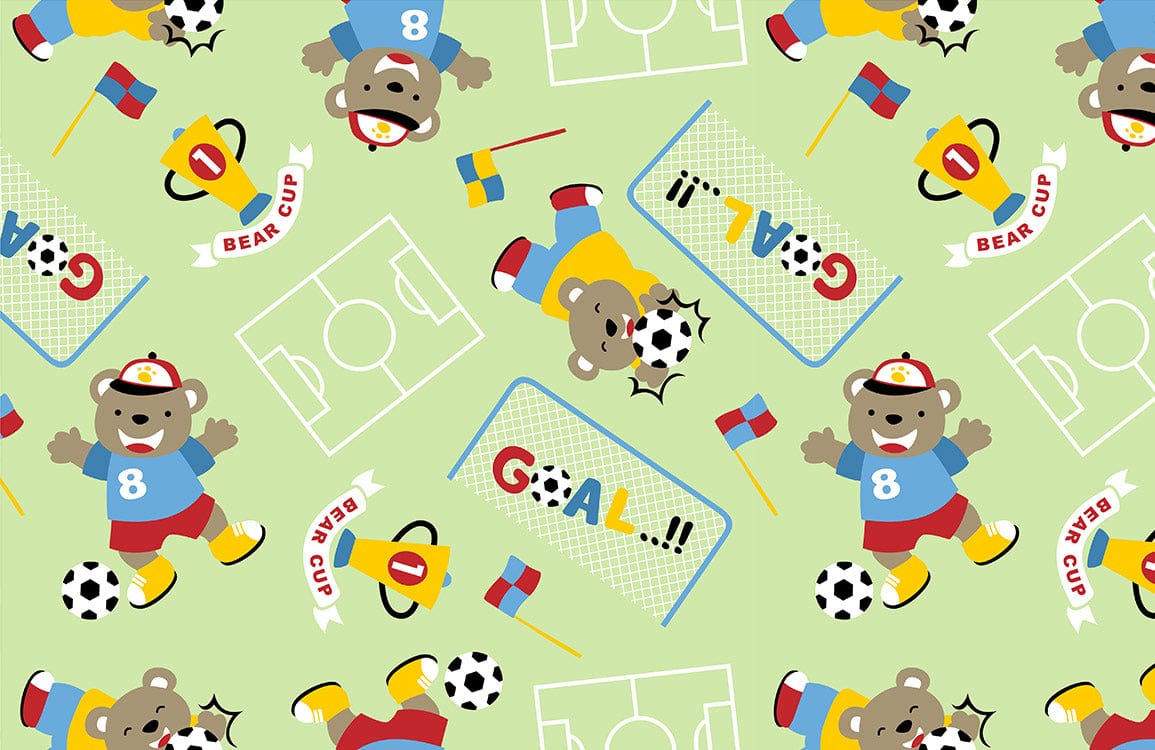 Playful Bear Football Pattern Wallpaper for Kids' Rooms - Green Background
